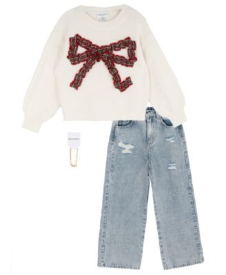 Girls' 7-12 Plaid-Bow Wide-Leg Sweater and Jeans, 2-Piece Set