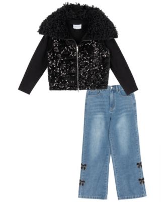 Girls' 7-12 Sequin Velvet Puffer Vest, Top and Pants, 3-Piece Set