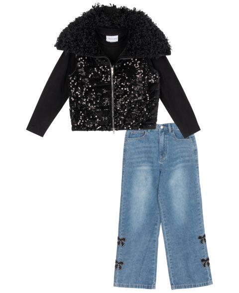 Tween Diva Girls' 7-12 Sequin Velvet Puffer Vest, Top and Pants, 3-Piece Set, цвет: Чёрный