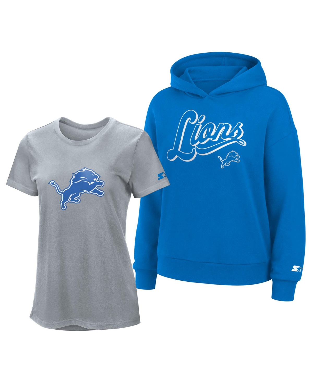 Starter Women's Silver/blue Detroit Lions Hoodie T-shirt Combo Pack In Silver,blue