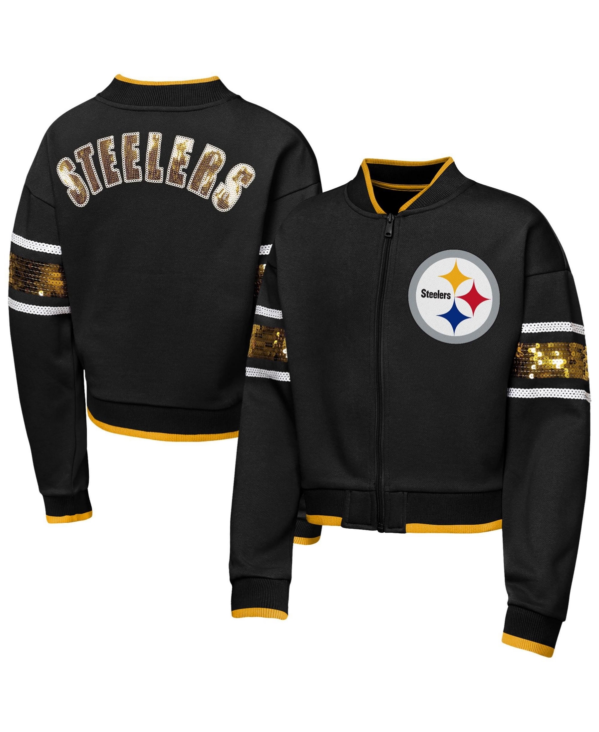 Outerstuff Big Girls Black Pittsburgh Steelers Mvp Full-Zip Sequin Bomber Jacket