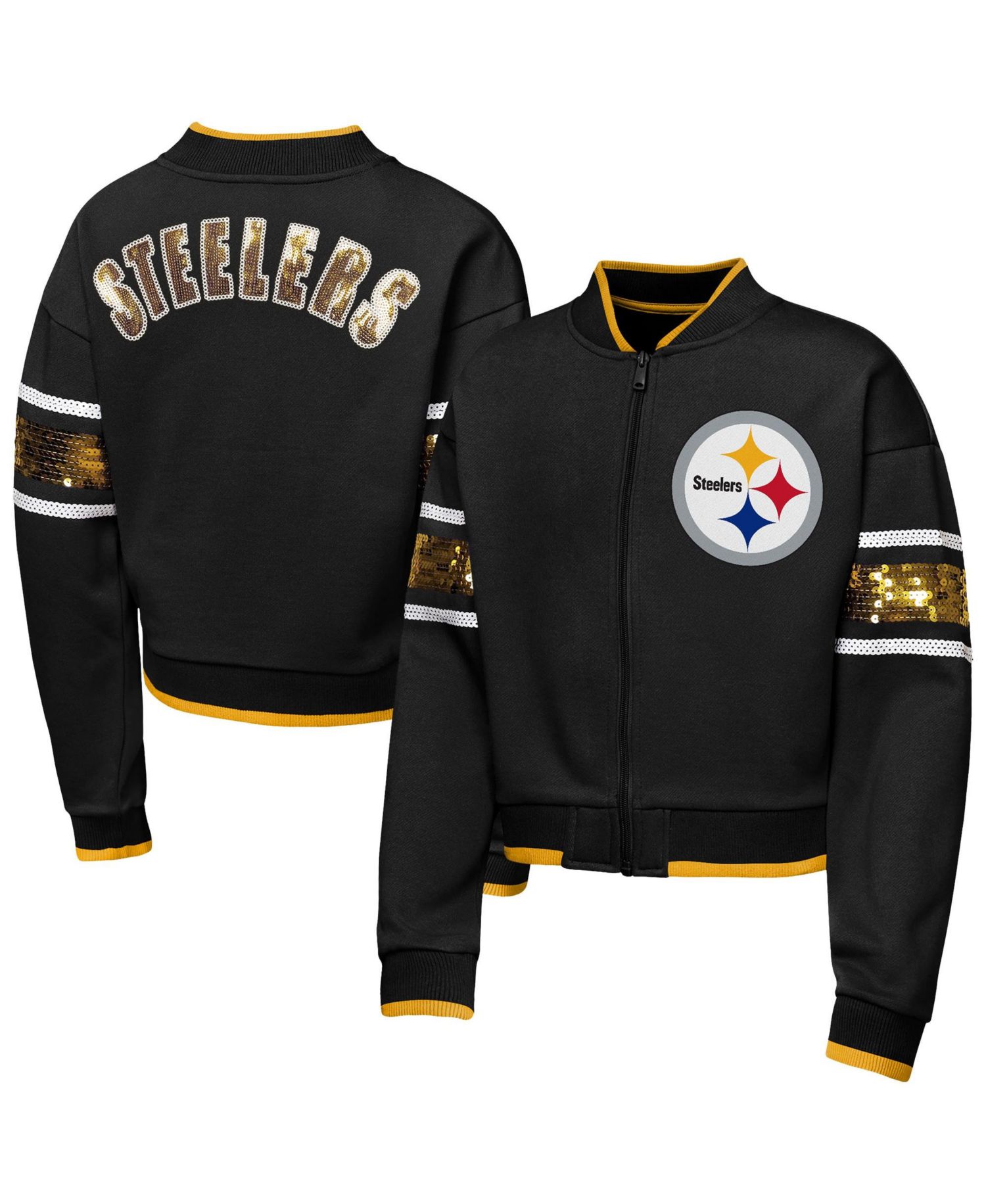 Big Girls Black Pittsburgh Steelers MVP Full-Zip Sequin Bomber Jacket