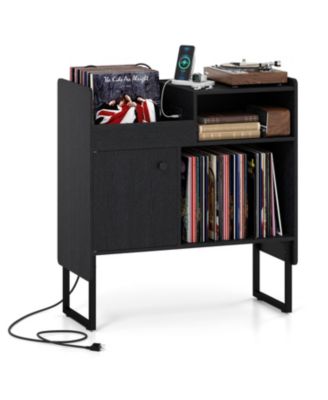 Record Player Stand with Power Outlets and Vinyl Storage Holder up to 250 Albums