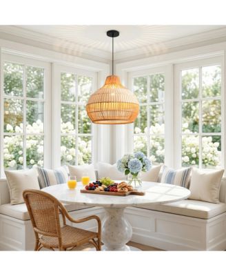 17" Boho Woven Rattan Adjustable Round Chandelier Pendant Light for Dining Room