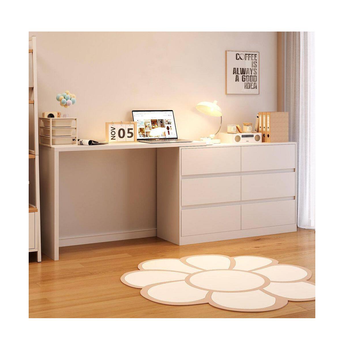 Fufu&Gaga 6-Drawer L-Shaped Dresser with Rotatable Desk - White