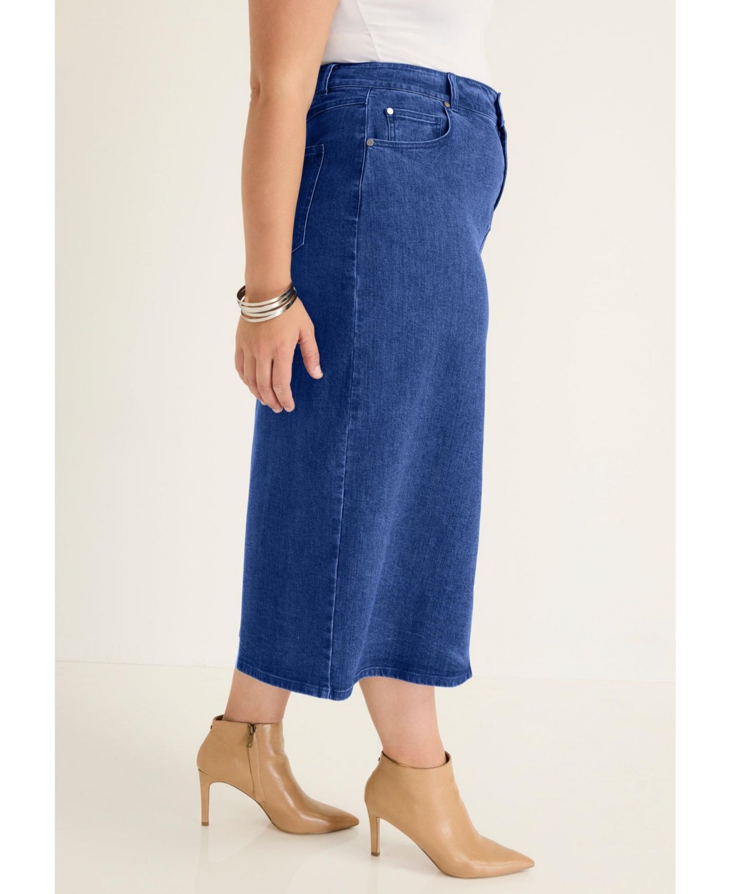 Women's June and Vie Front-Slit Denim Midi Skirt