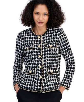 Petite Houndstooth Boucl&eacute; Shoulder-Padded Jacket