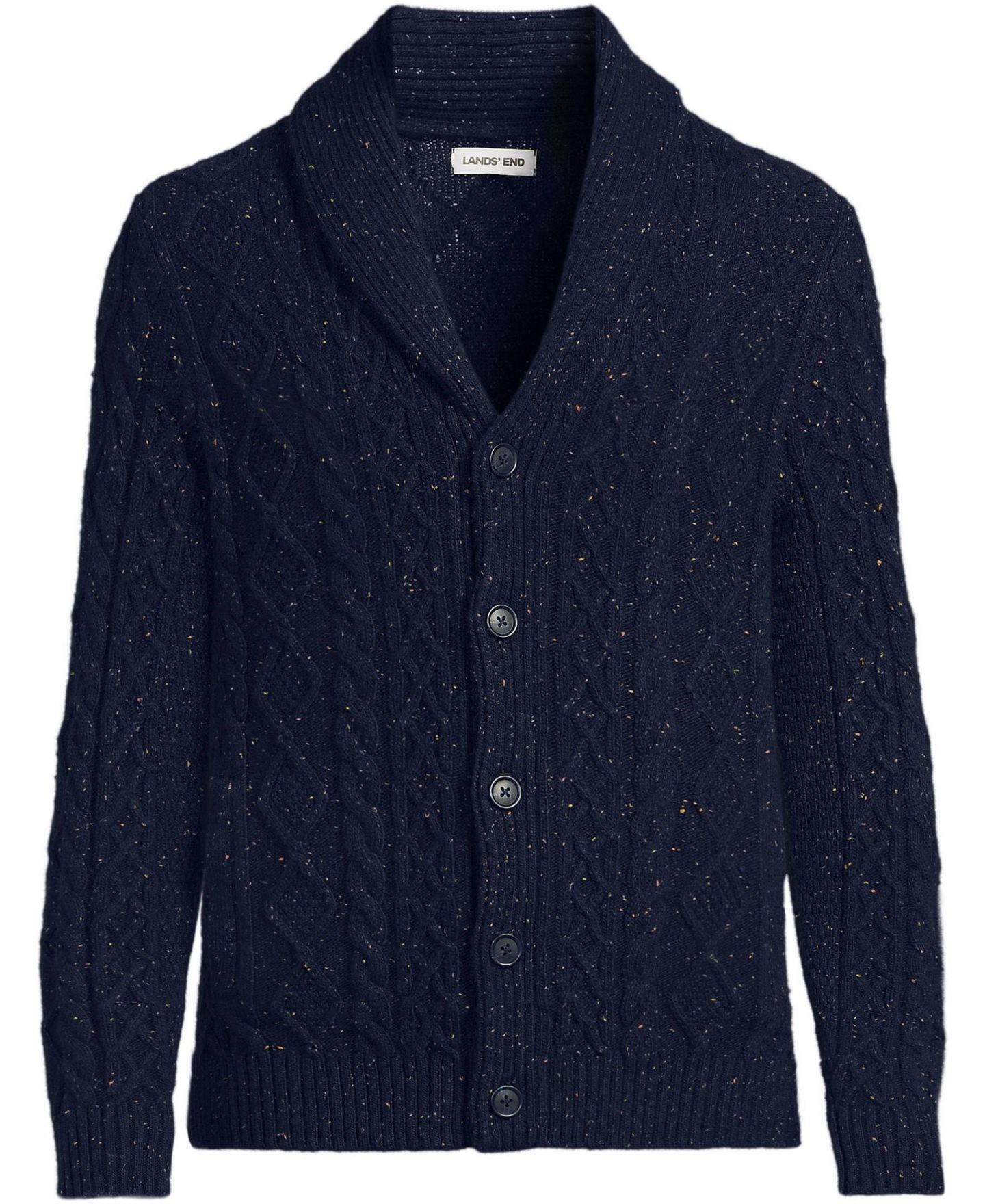Мужской кардиган Lands' End Cable-Knit Shawl-Collar Cotton/Wool-Blend, цвет: Тёмно-синий — фото 2