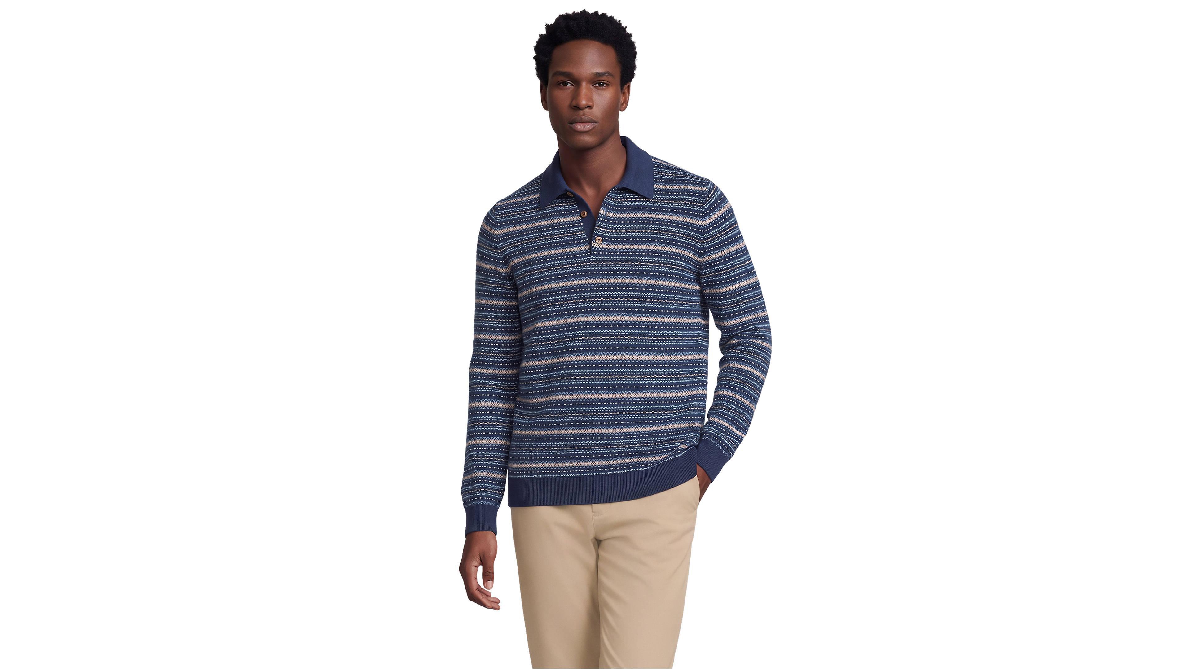 Lands' End Men's CashTouch Fairisle Long Sleeve Sweater Polo