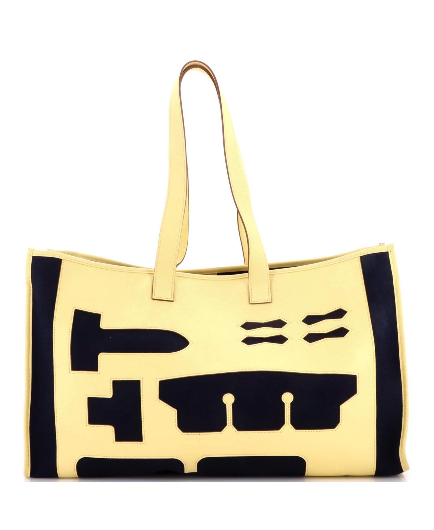 Skeleton Toile and Leather Tote, 19.5"W x 8"H x 5"D