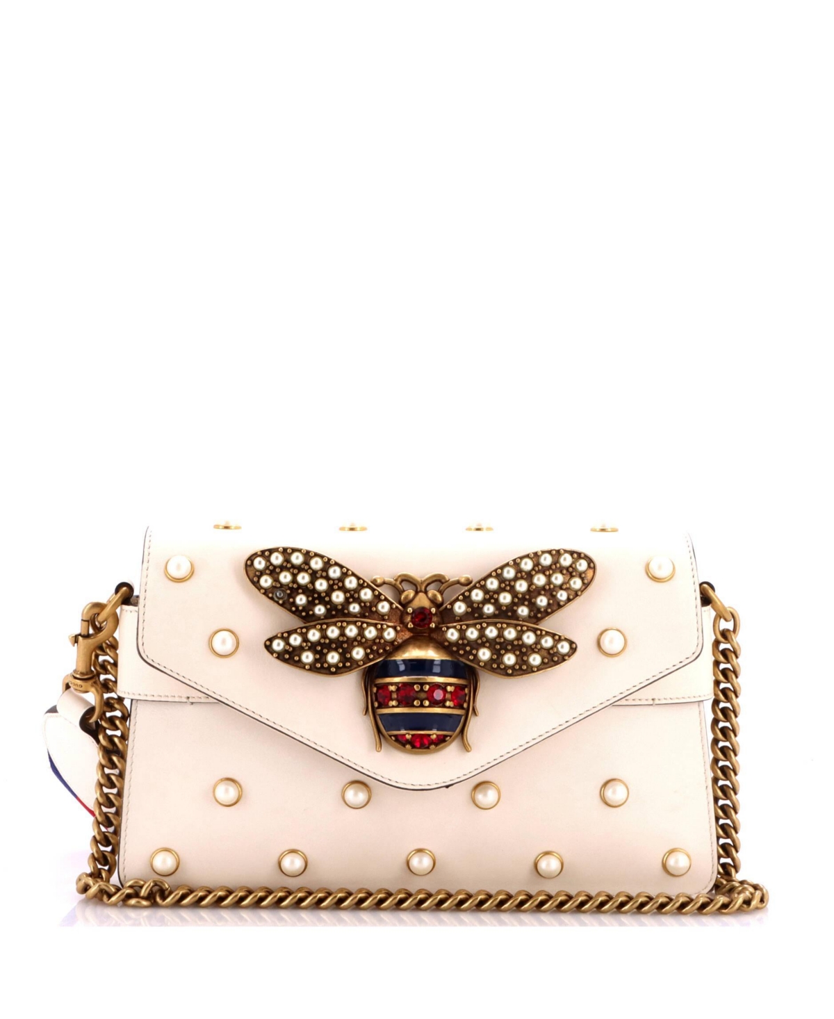 Pre-Owned Gucci Mini Broadway Pearly Bee Shoulder Bag Embellished Leather - Natural
