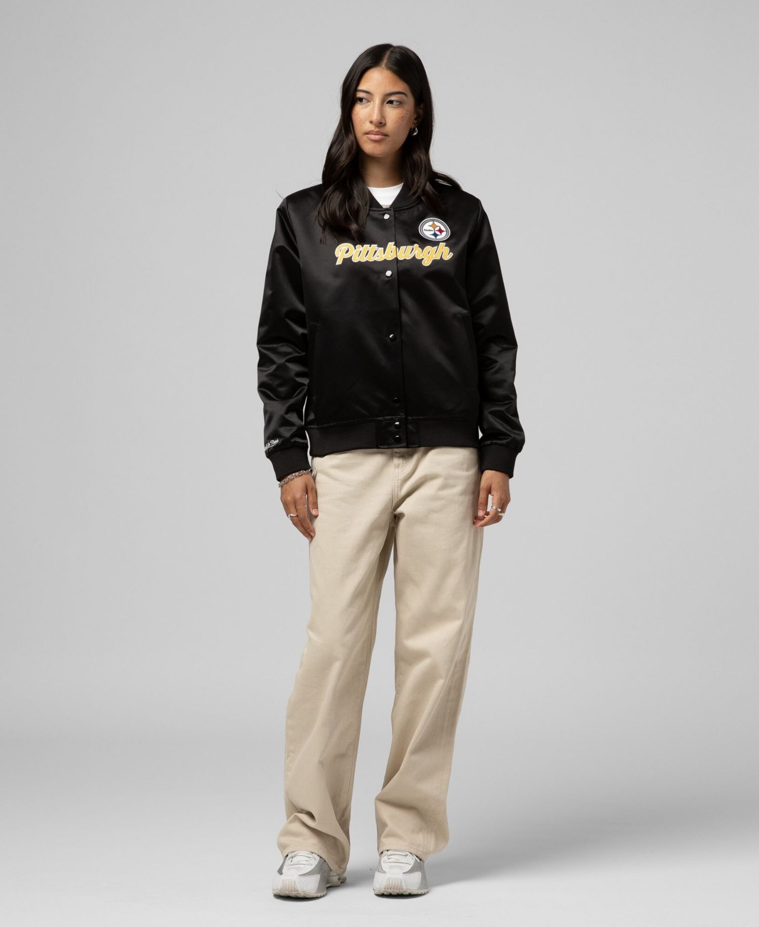 Women's Black Pittsburgh Steelers Full-Snap Satin Jacket