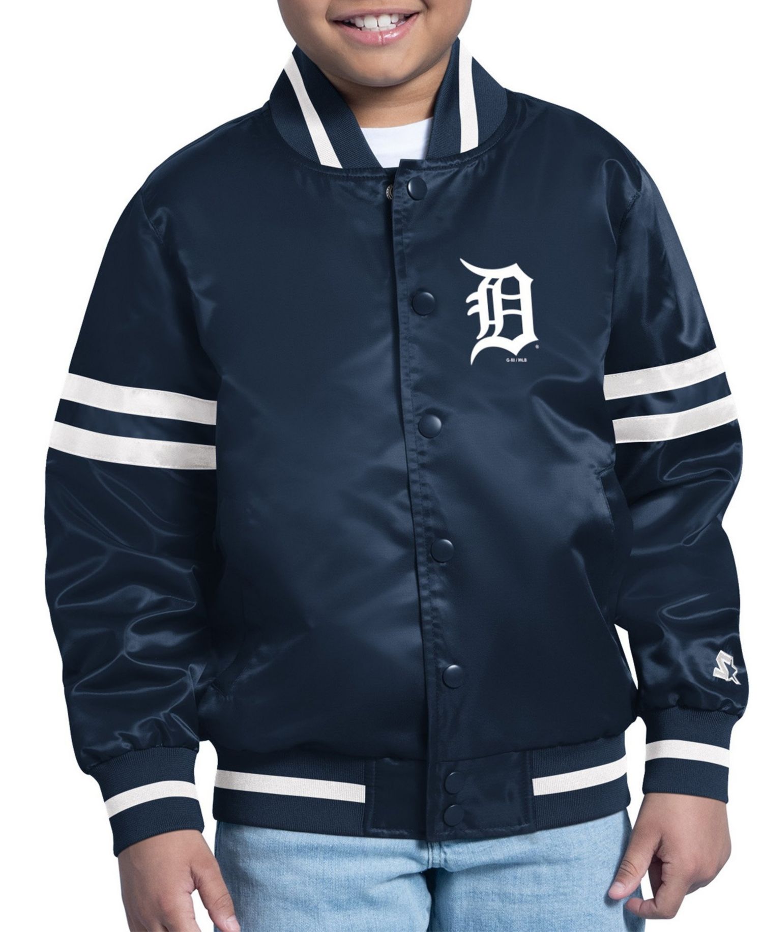 Big Boys and Girls Navy Detroit Tigers Team Logo Full-Snap Satin Varsity Jacket