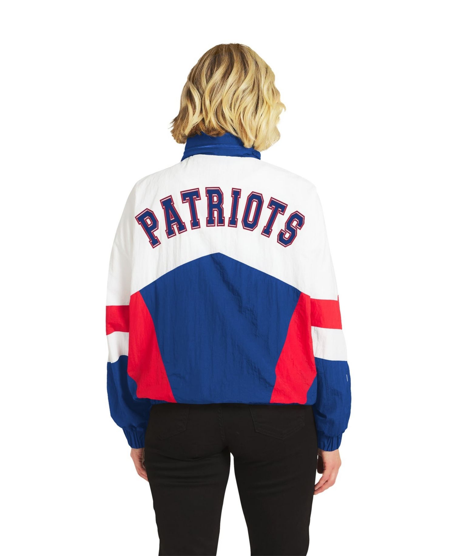 Women's White/Royal New England Patriots Throwback Crinkle Full-Snap Hooded Windbreaker Jacket