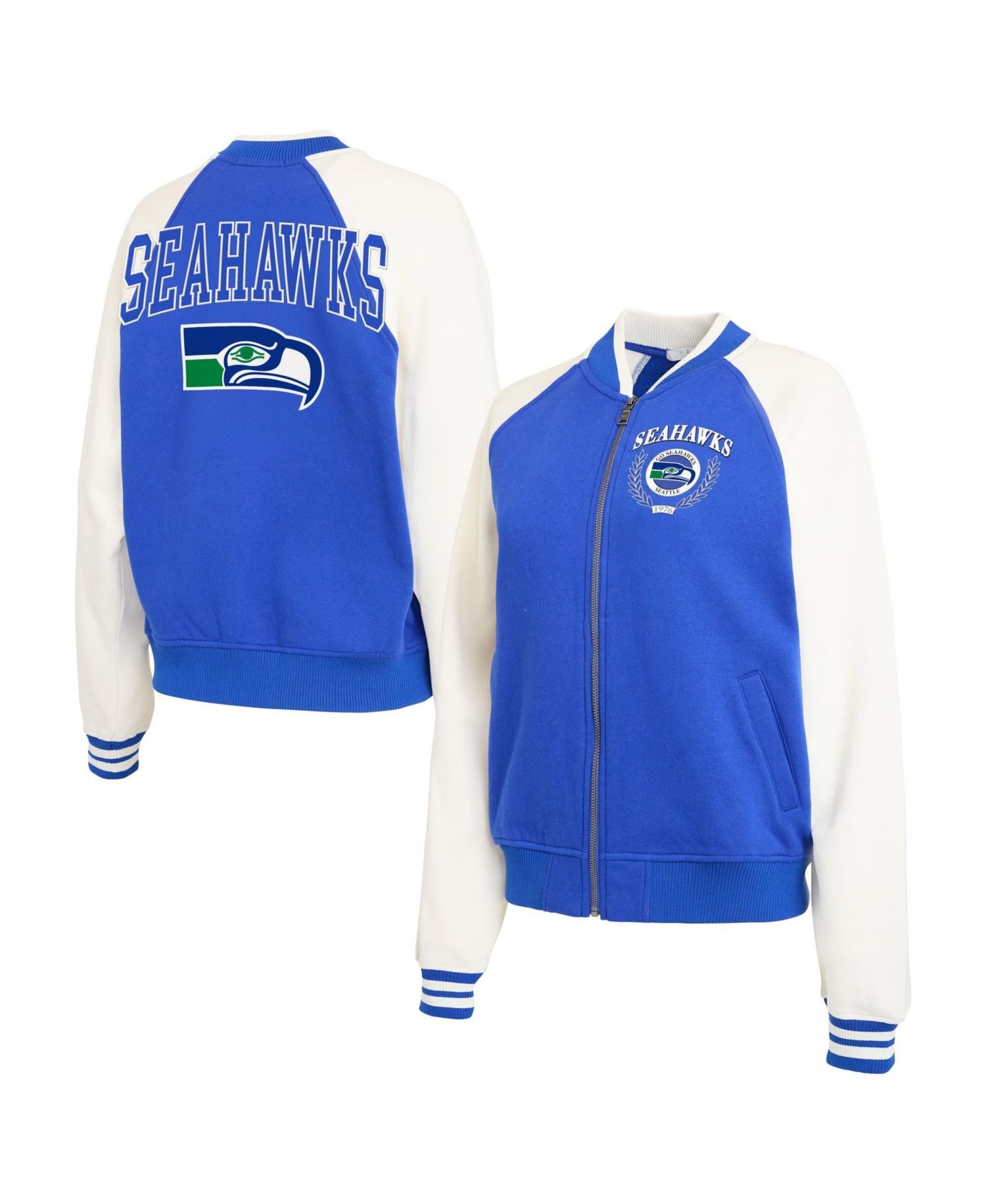 Women's Royal Seattle Seahawks Throwback Varsity Fleece Raglan Full-Zip Jacket
