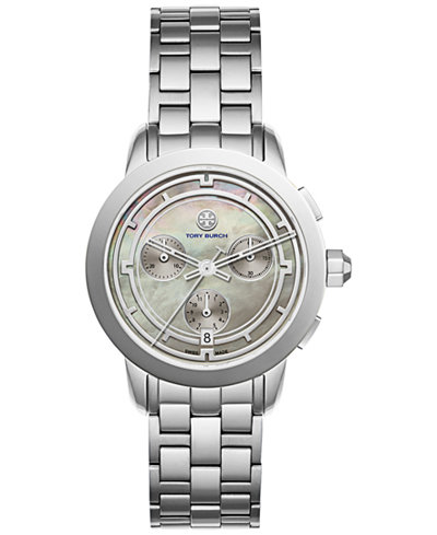 Tory Burch Women's Swiss Chronograph Classic Silver-Tone Stainless Steel Bracelet Watch 37mm TB1028
