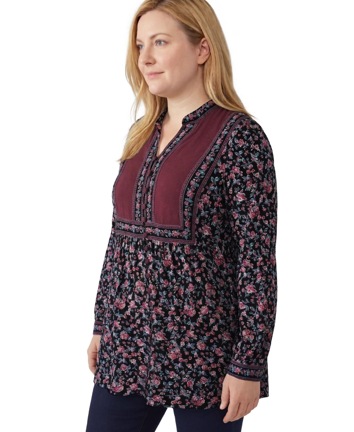 Plus Size Within Button-Front Mixed Print Tunic