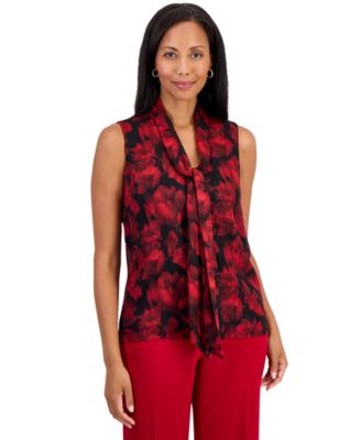 Women's Floral-Print Tie Front Sleeveless Blouse