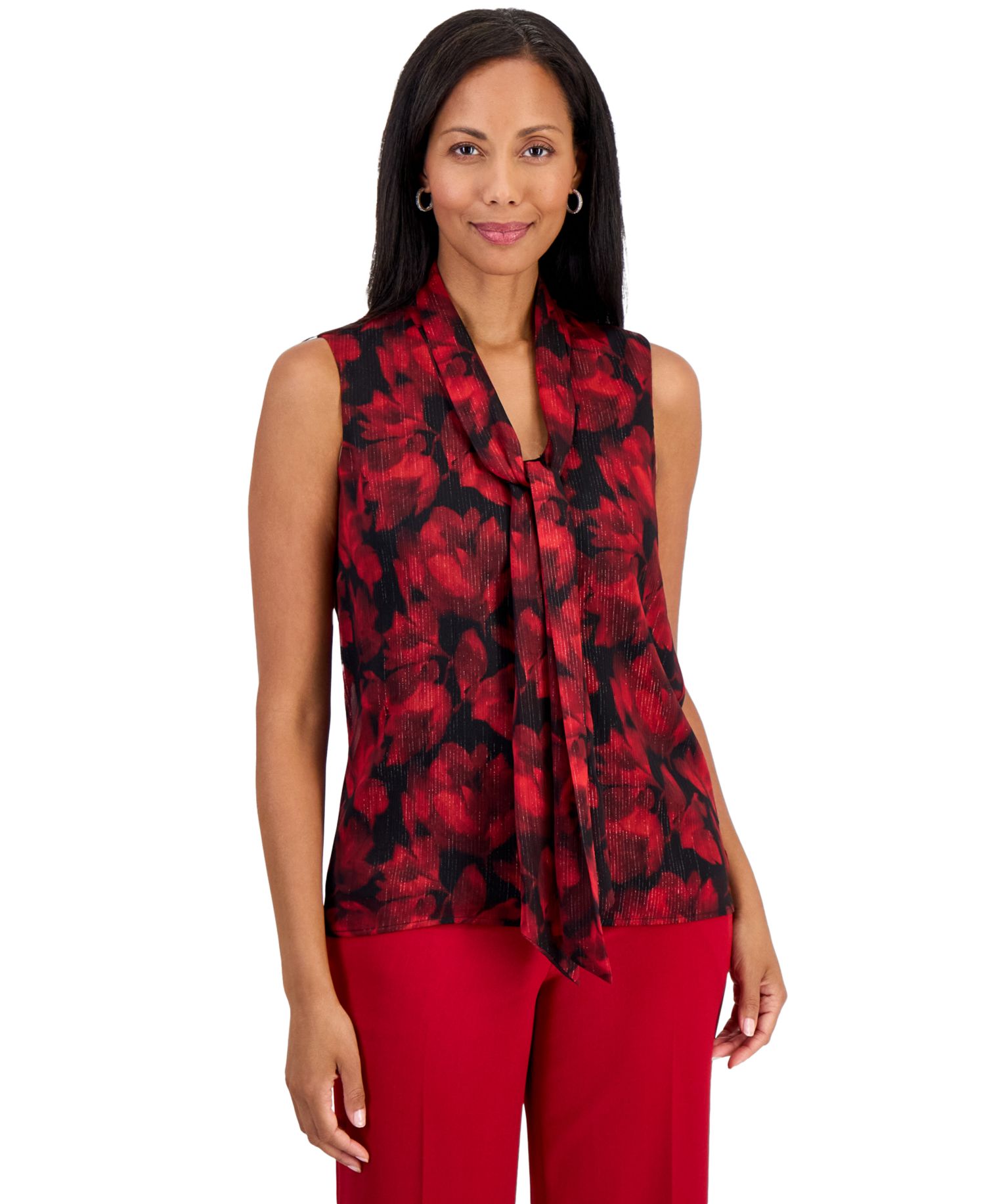 Women's Floral-Print Tie Front Sleeveless Blouse