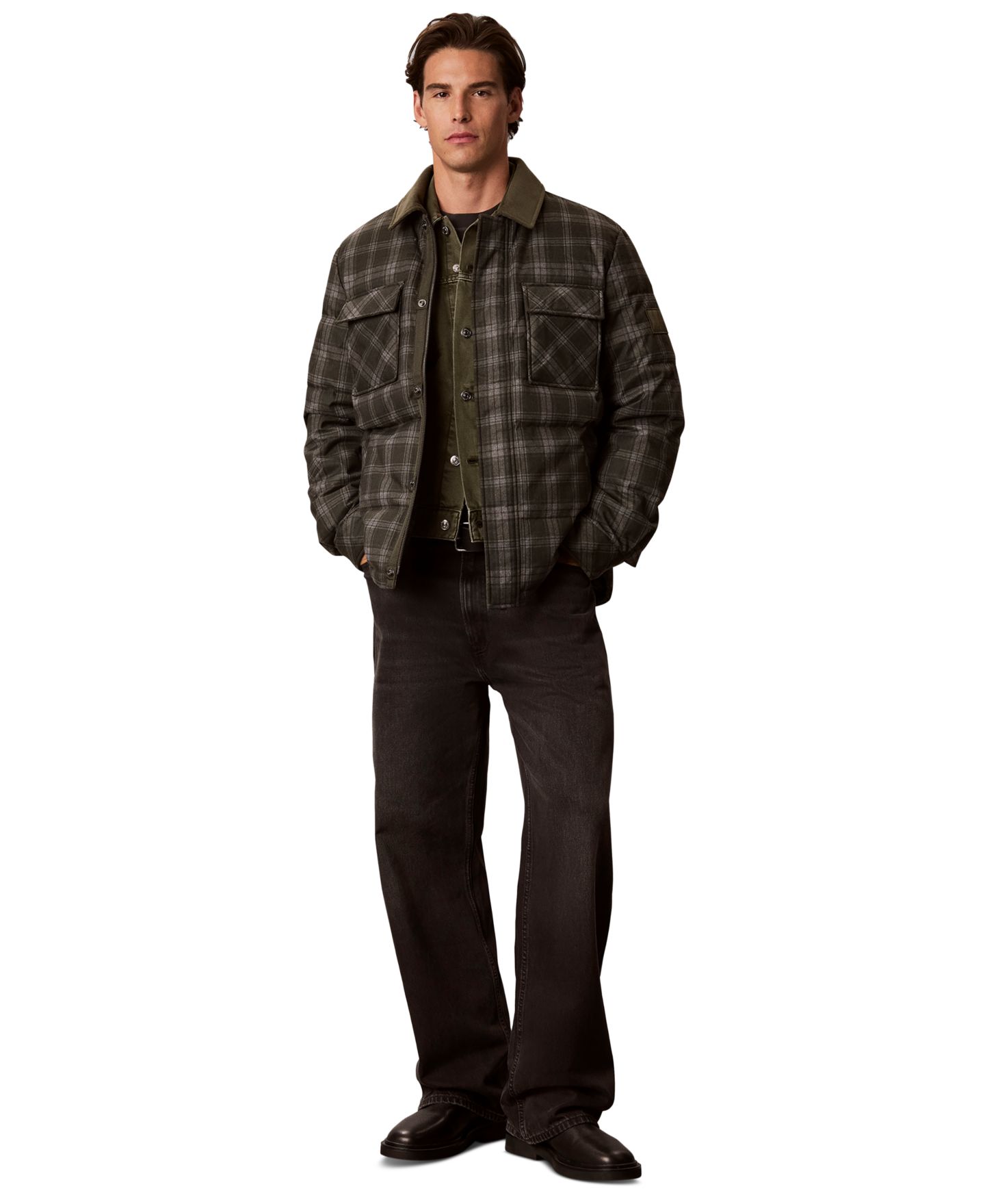 Мужская куртка Calvin Klein Printed-Plaid Down Puffer, цвет: Тёмный зелёный меланжевый — фото 4