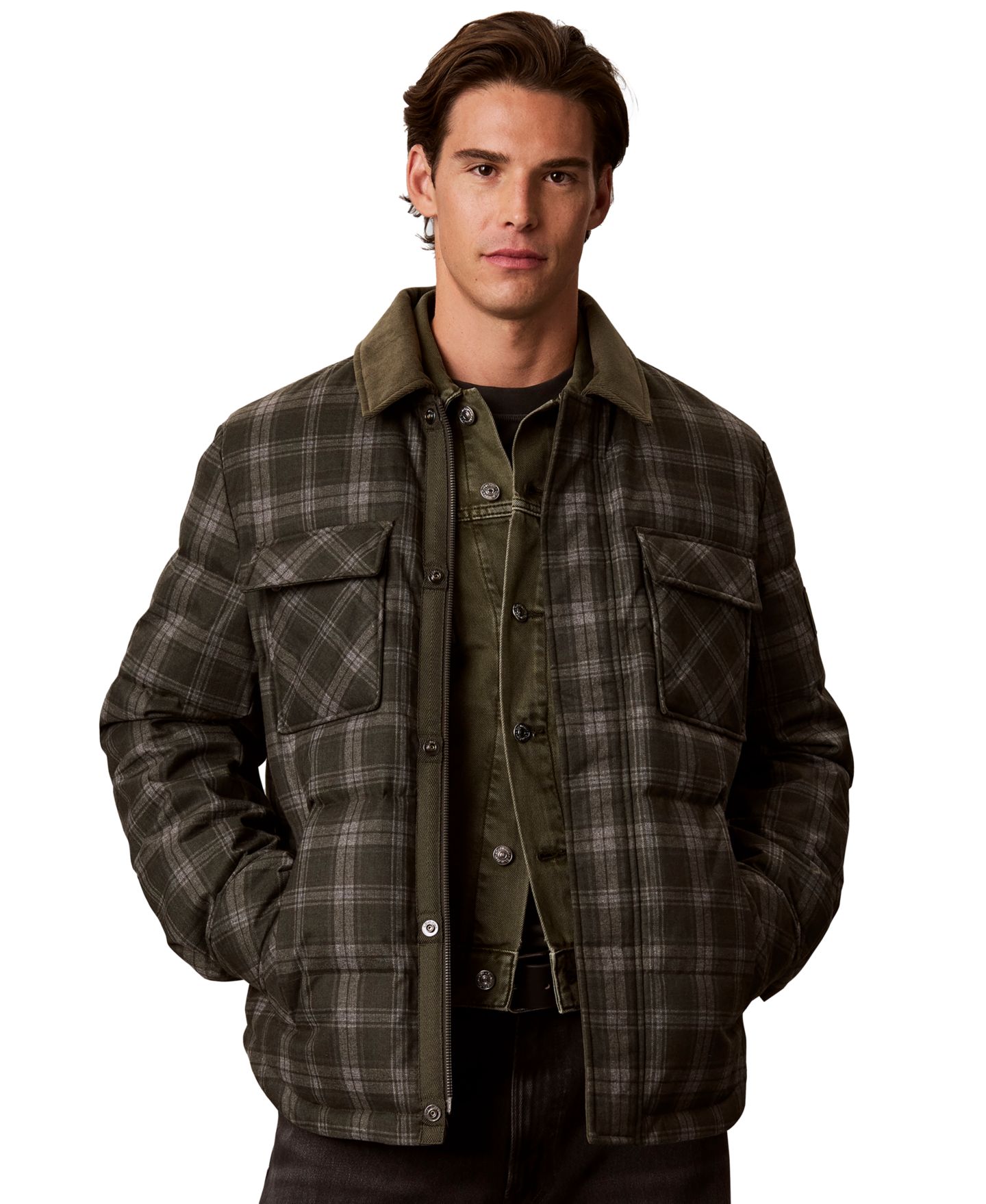 Мужская куртка Calvin Klein Printed-Plaid Down Puffer, цвет: Тёмный зелёный меланжевый — фото 1