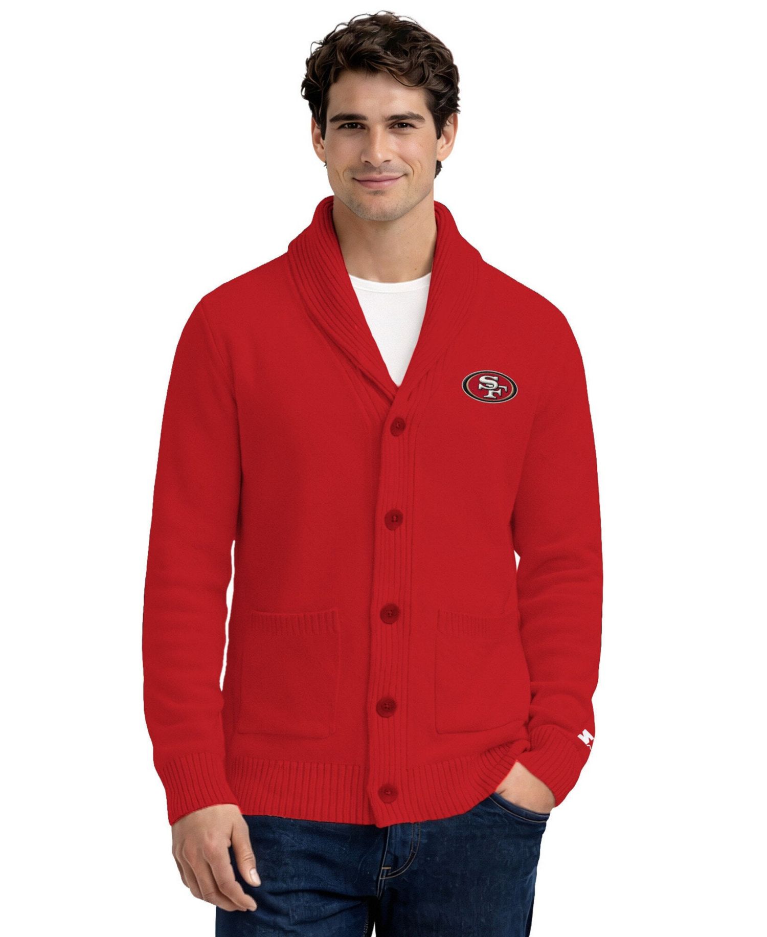 Men's Scarlet San Francisco 49ers Shawl Collar Heavy Knit Cardigan Sweater