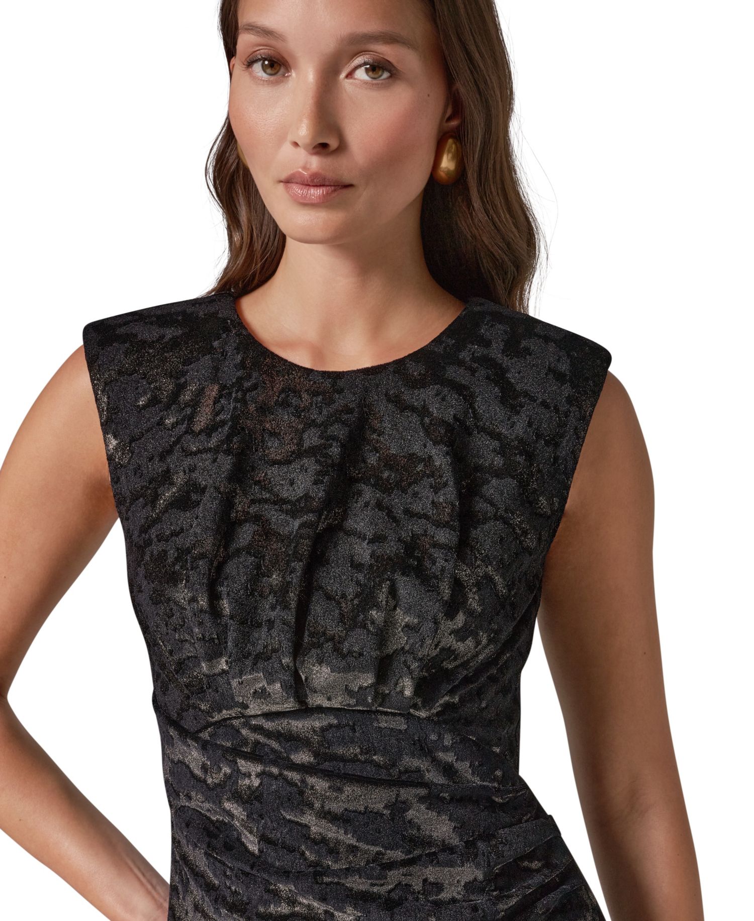 Women's Velvet Jacquard Sleeveless Ruched Midi Sheath Dress