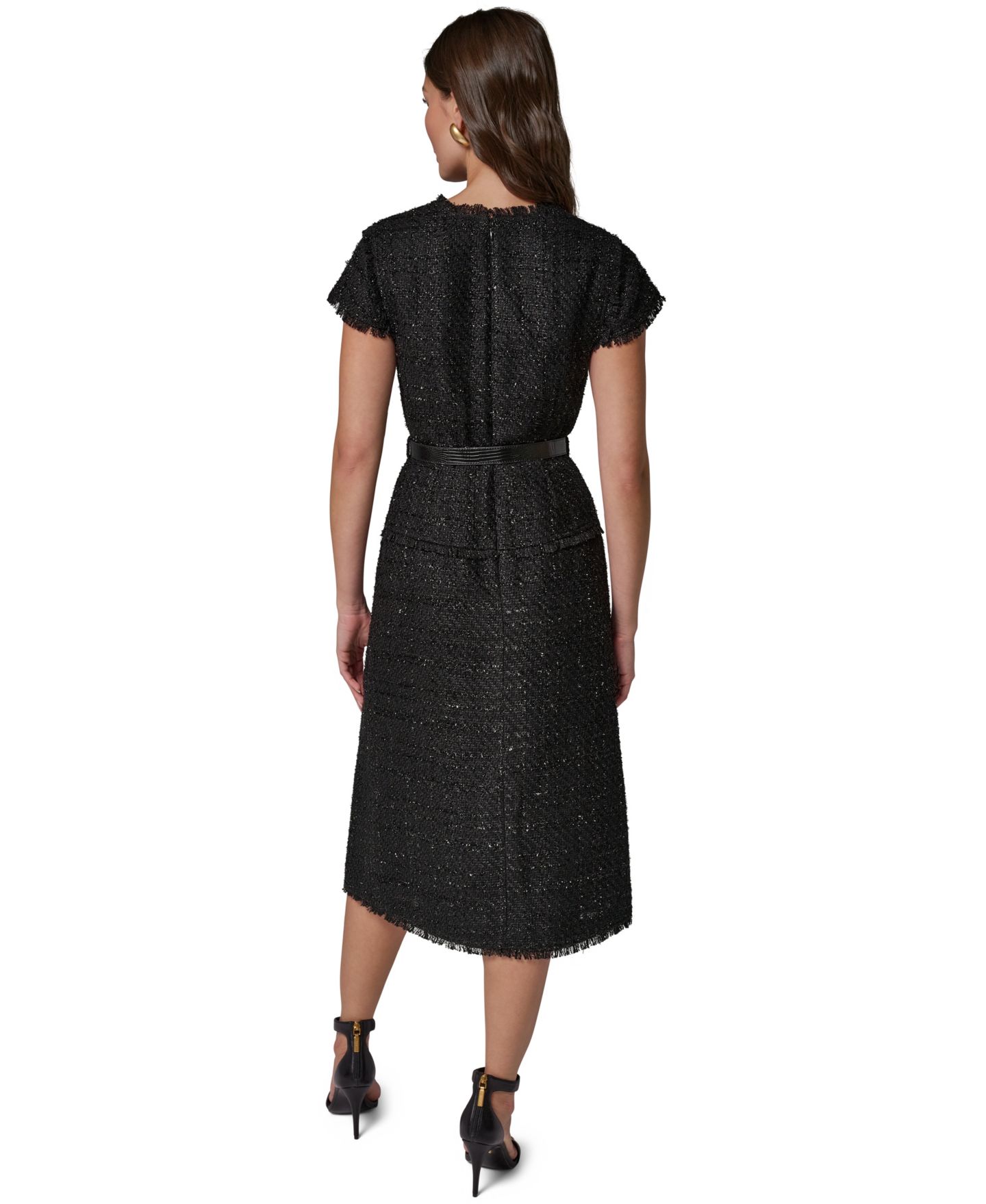 Женское платье Donna Karan New York Belted Split-Neckline Tweed Midi, цвет: Чёрный — фото 5