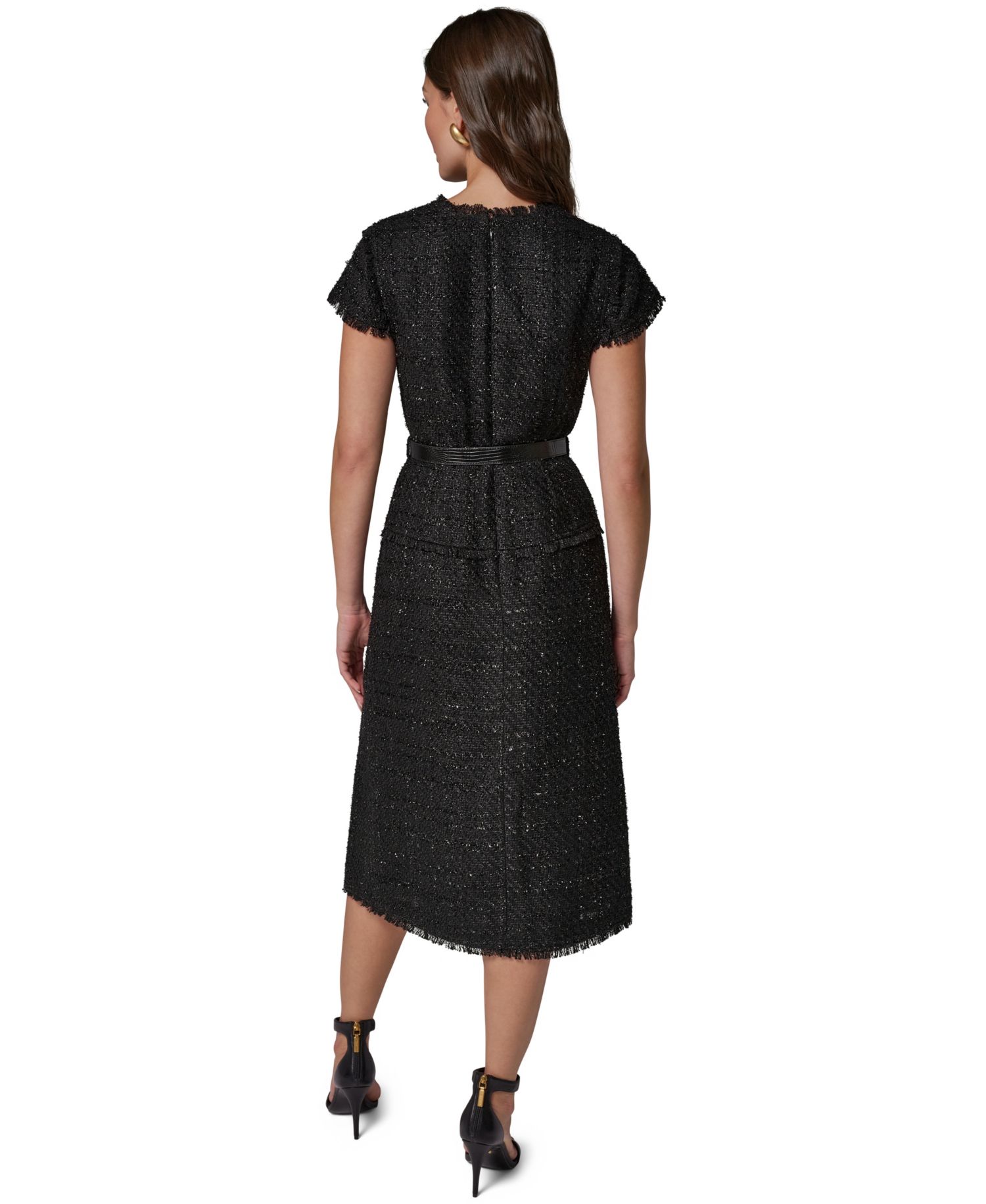 Women's Belted Split-Neckline Tweed Midi Dress