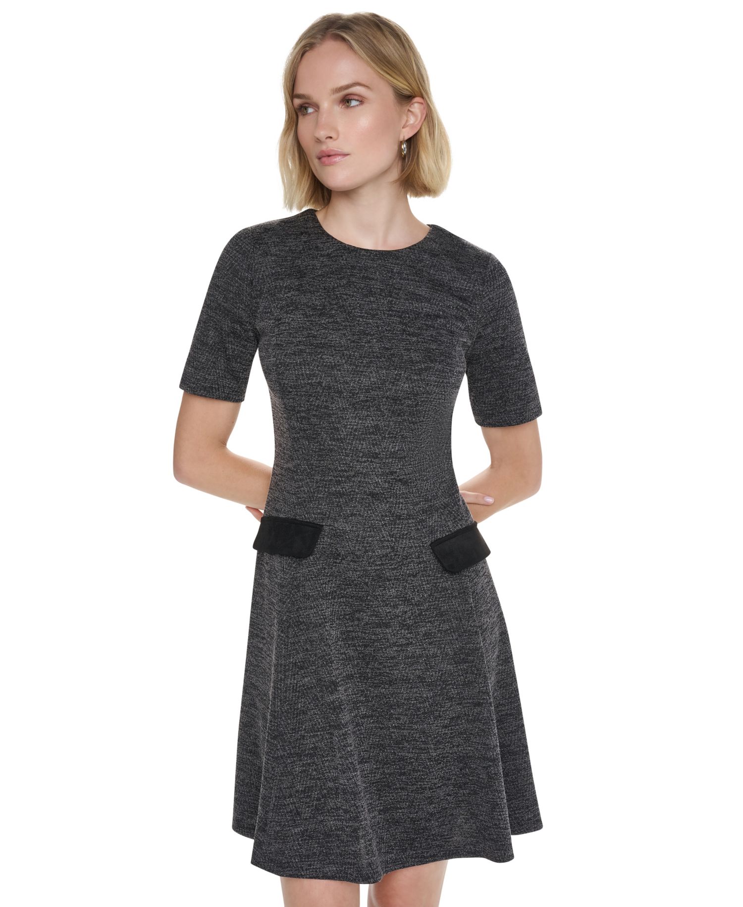 Women's Textured-Knit Short-Sleeve Fit-and-Flare Dress