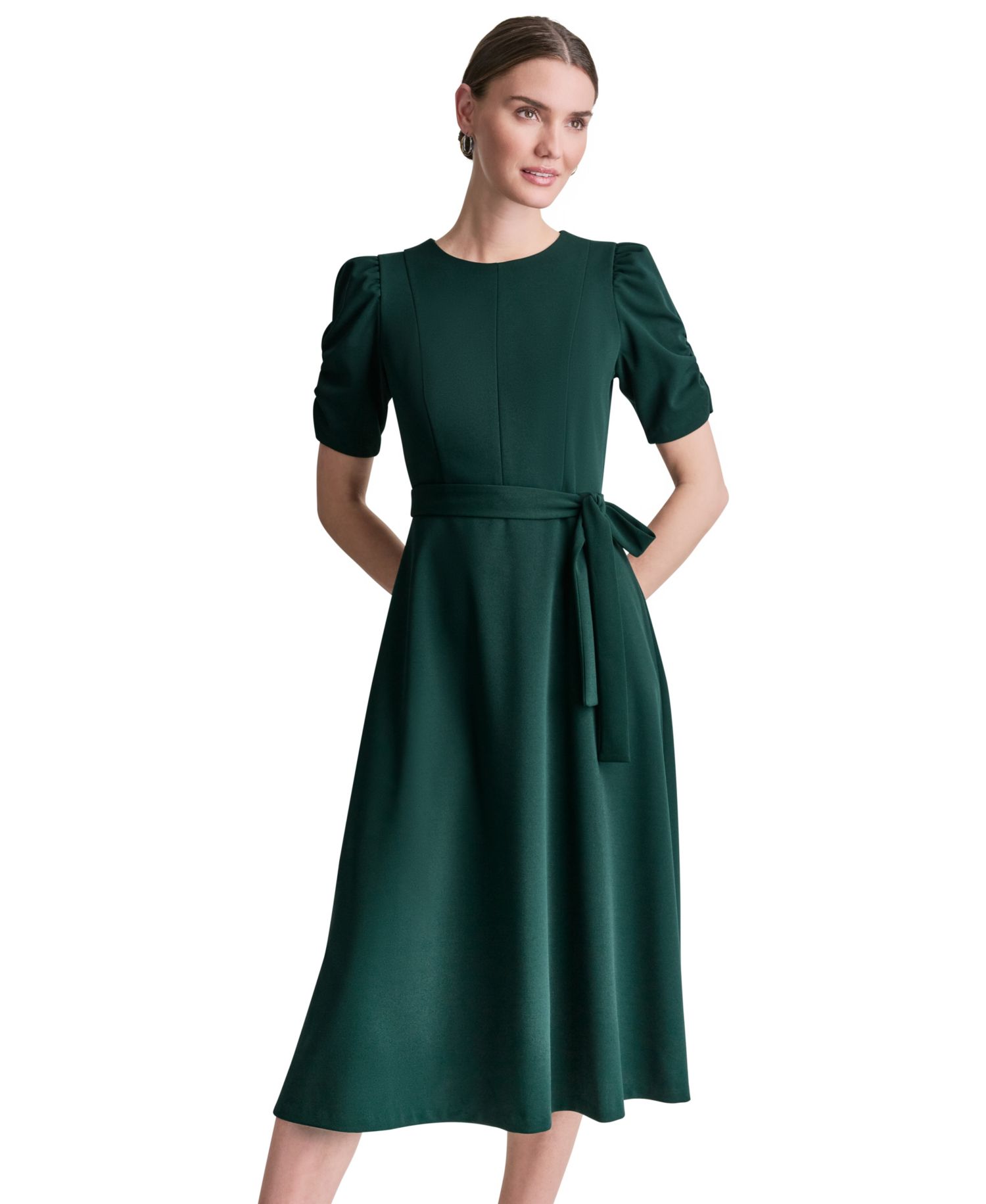 Women's Short-Sleeve Scuba Crepe Belted Fit and Flare Midi Dress