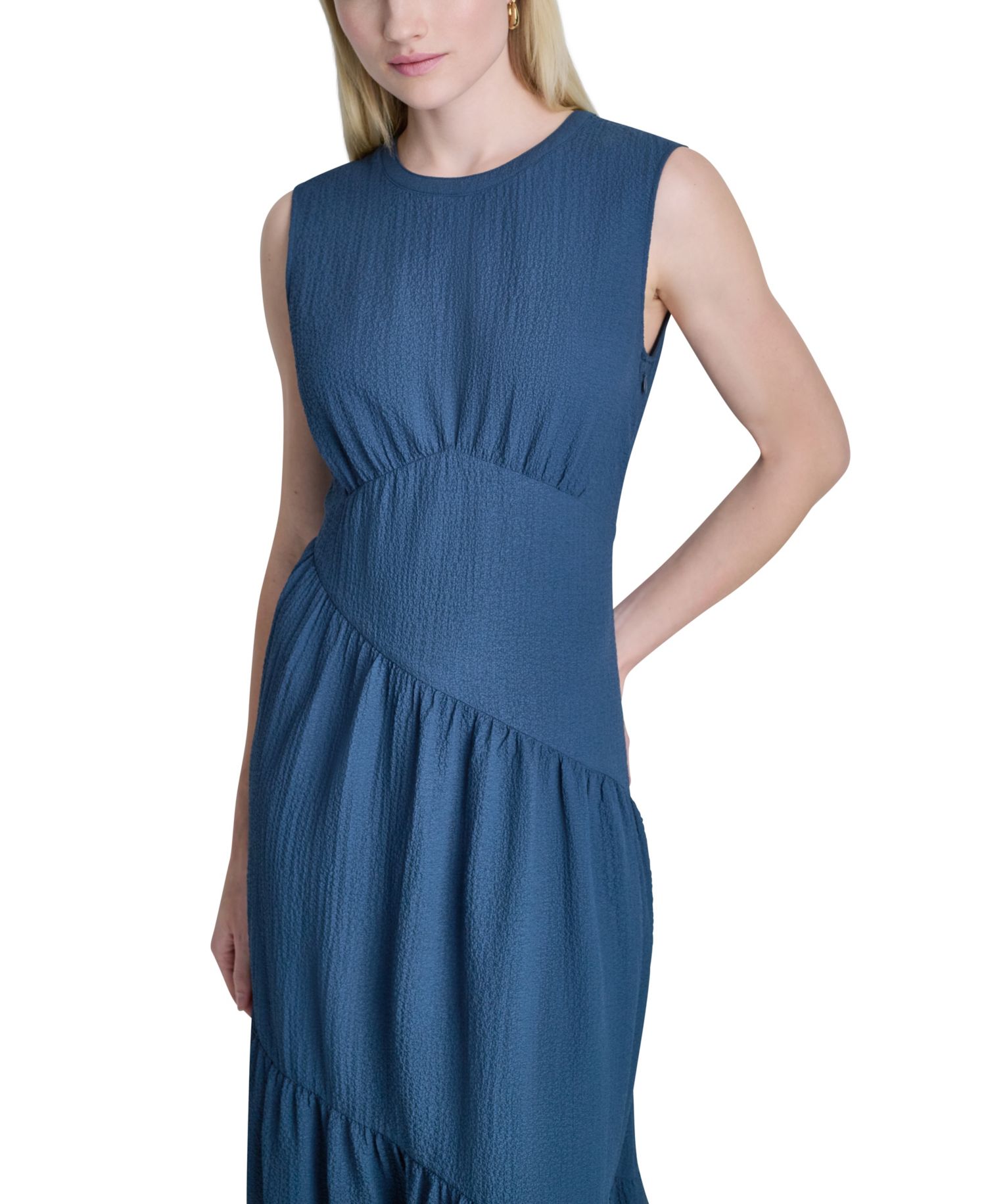 Women's Sleeveless Jewel Neck Asymmetrical Tiered Maxi Dress