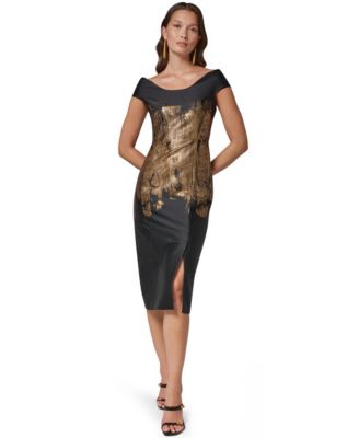 Women's Off-the-Shoulder Metallic Brushstroke Sheath Dress