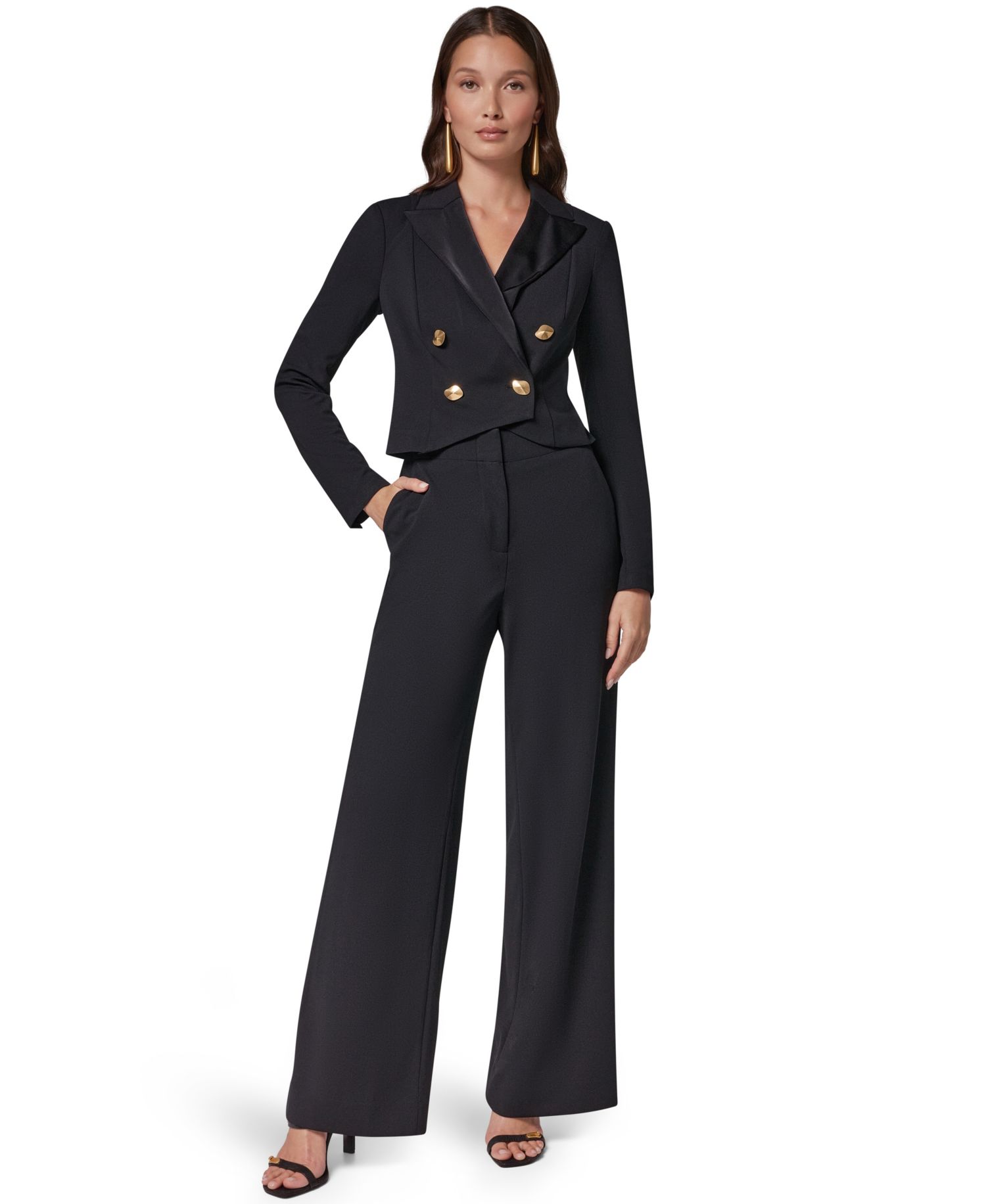 Women's Satin Lapel Long-Sleeve Double-Breasted Wide-Leg Jumpsuit