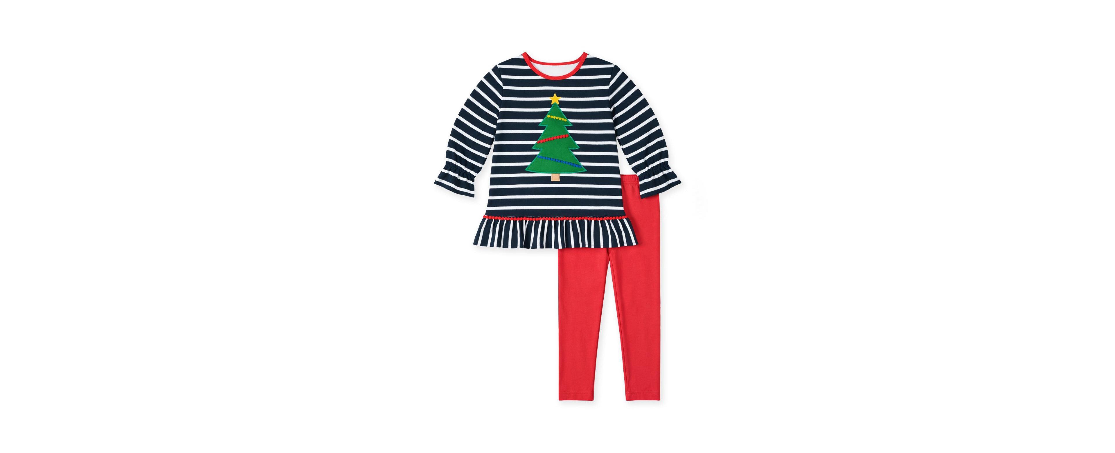 Florence Eiseman Girls' 4-16 Stripe Long-Sleeve Christmas Tree Applique Tunic and Leggings, 2-Piece Set