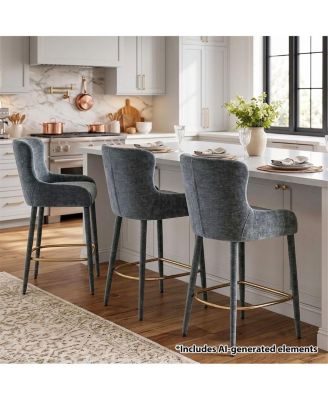 Counter-Height Wingback Counter Stools Set of 3, Chenille Upholstered, Tone Footrest, 26.5" Seat Height