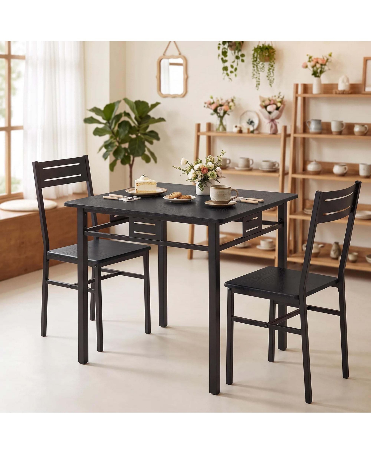 homfan 3-Piece Dining Table Set for 2 Square Wood Grain Table with Metal Frame 2 Chairs for Small Kitchen Breakfast Nook - Black