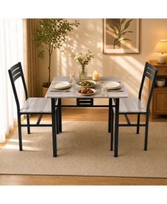 3-Piece Dining Table Set for 2 Square Wood Grain Table with Metal Frame 2 Chairs for Small Kitchen Breakfast Nook