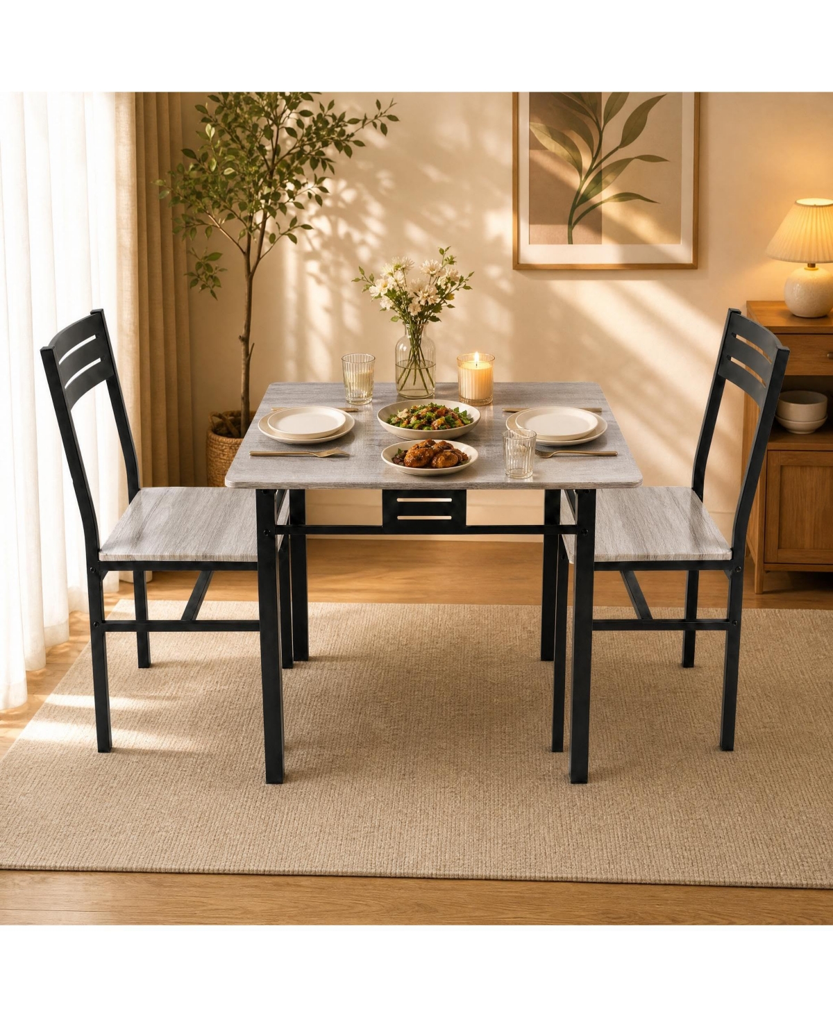 homfan 3-Piece Dining Table Set for 2 Square Wood Grain Table with Metal Frame 2 Chairs for Small Kitchen Breakfast Nook - Grey