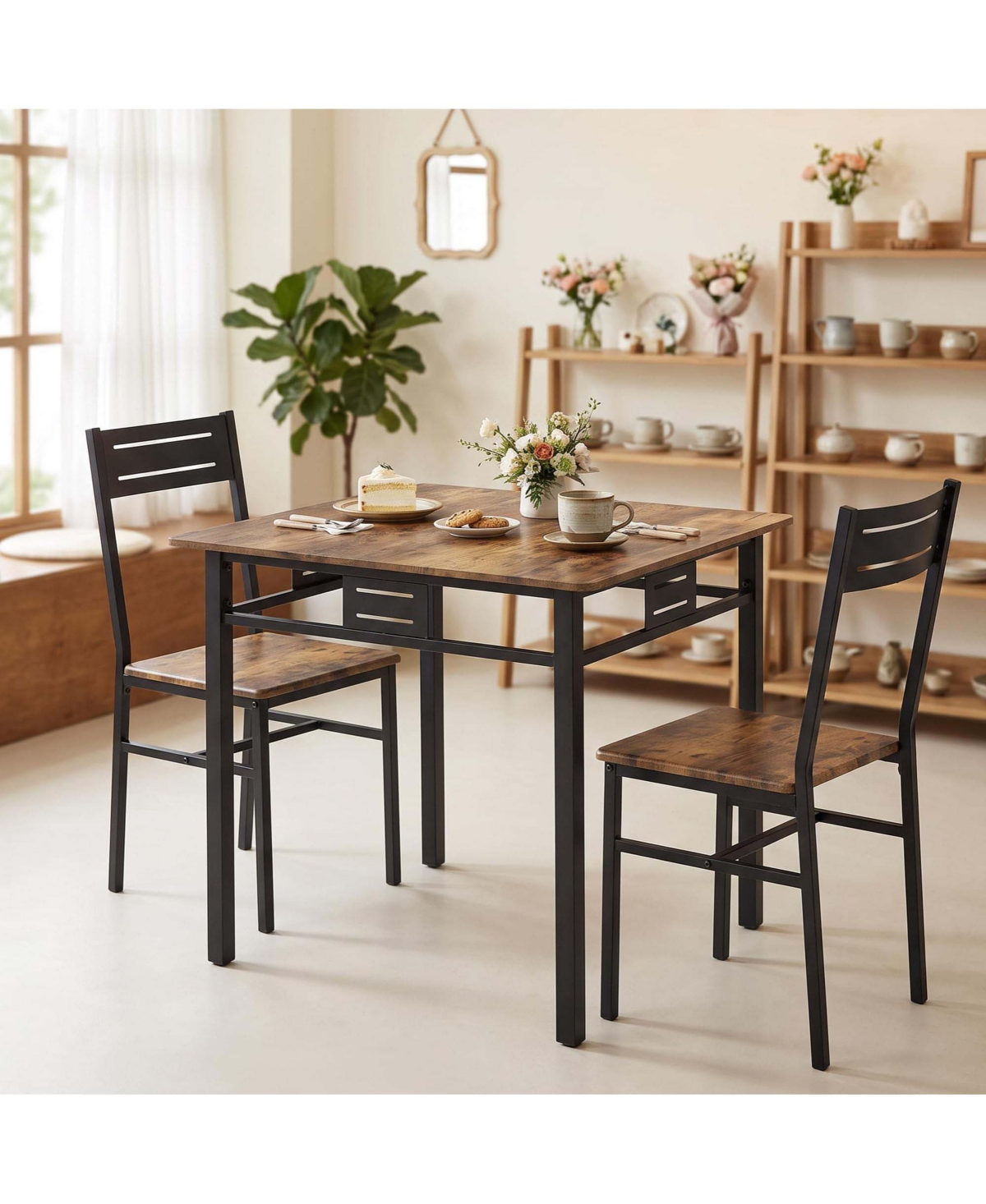 homfan 3-Piece Dining Table Set for 2 Square Wood Grain Table with Metal Frame 2 Chairs for Small Kitchen Breakfast Nook - Brown