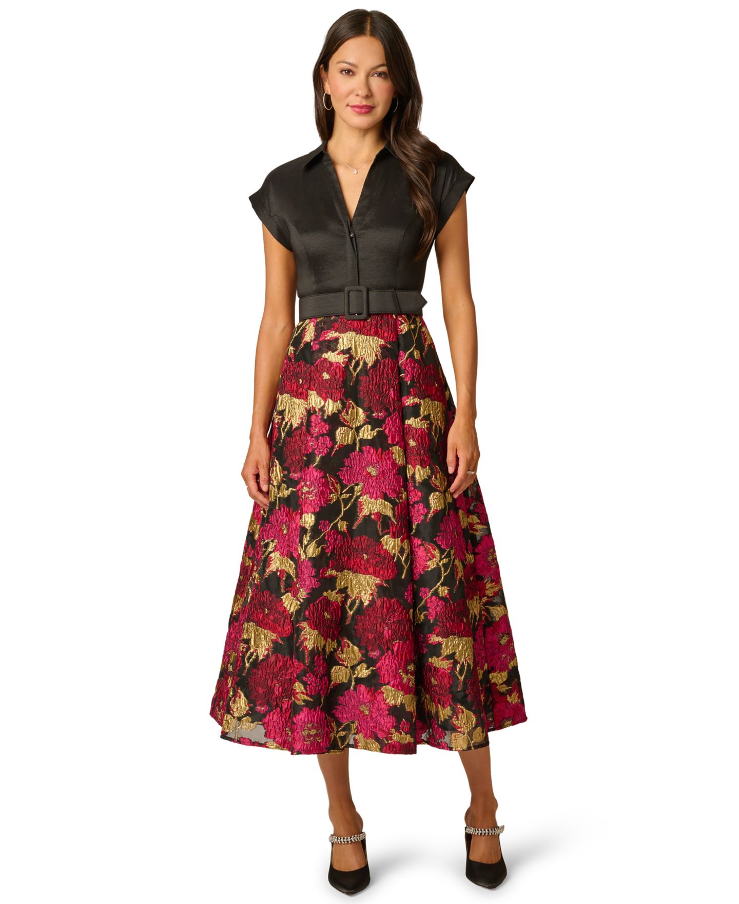 Женское платье Adrianna Papell Petite Floral-Print A-Line Midi Shirt Dress, цвет: Чёрный розовый разноцветный — фото 1