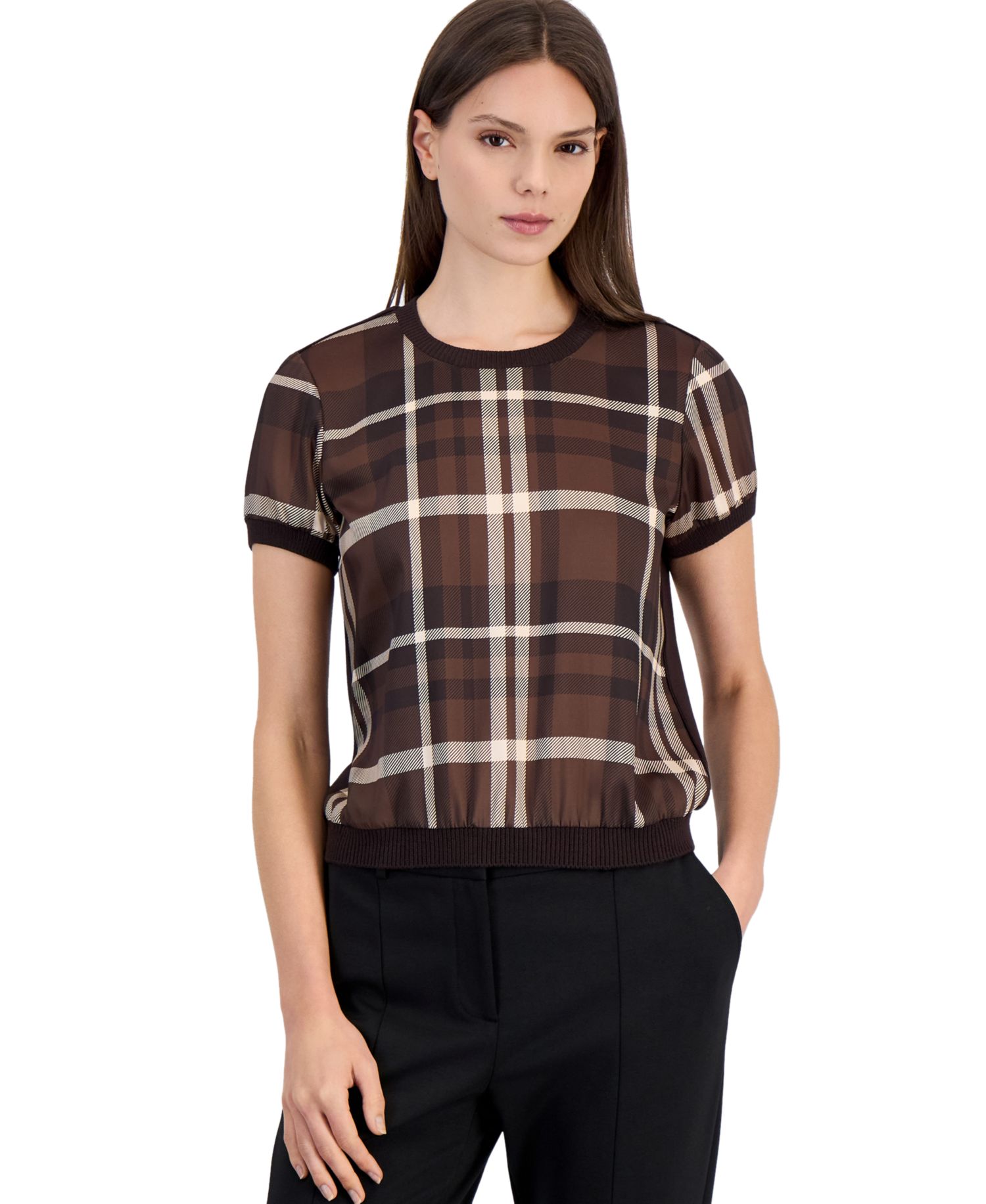 Petite Plaid Lightweight Crewneck Pullover Sweater