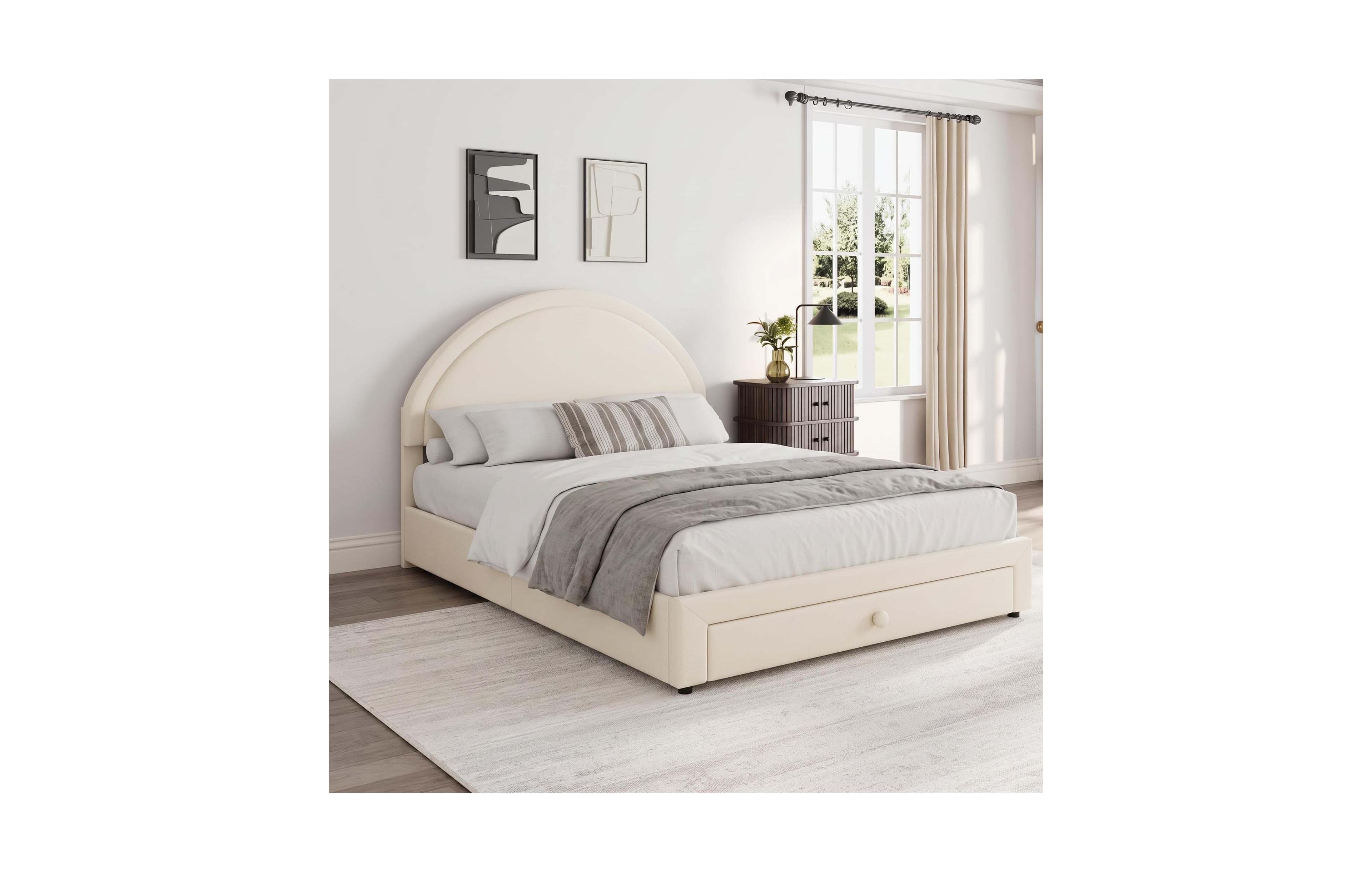 homfan Full Chenille Upholstered Bed Frame with Storage Drawer Curved Arched Headboard Heavy Duty No Box Spring Needed for Bedroom