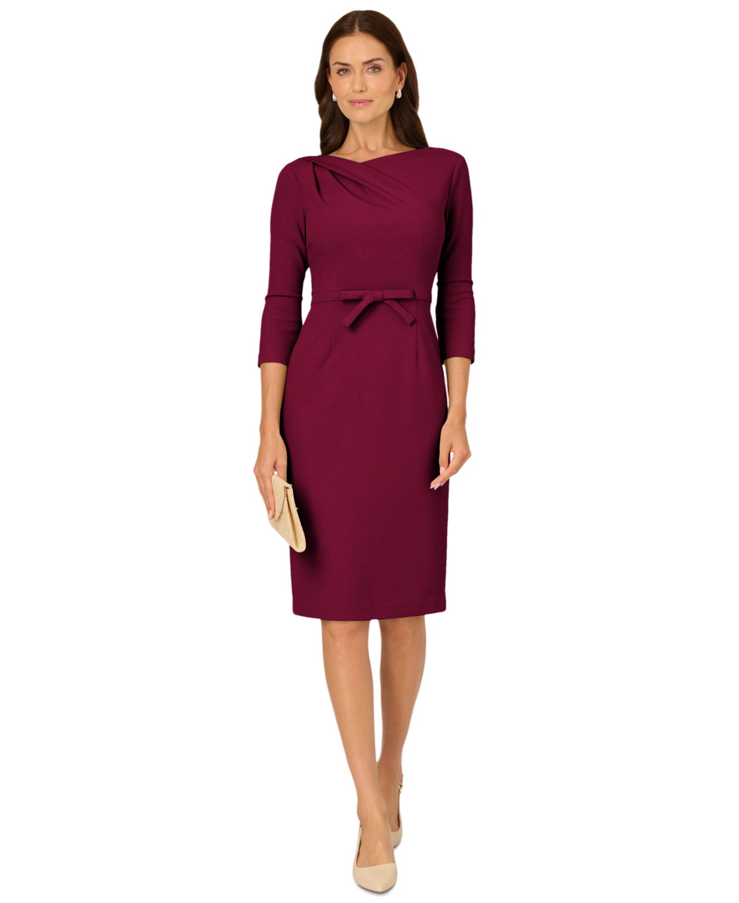 Petite Asymmetrical-Neck Bow 3/4-Sleeve Dress