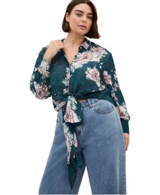 Plus Size Janine Collared Long-Sleeve Tie-Front Blouse