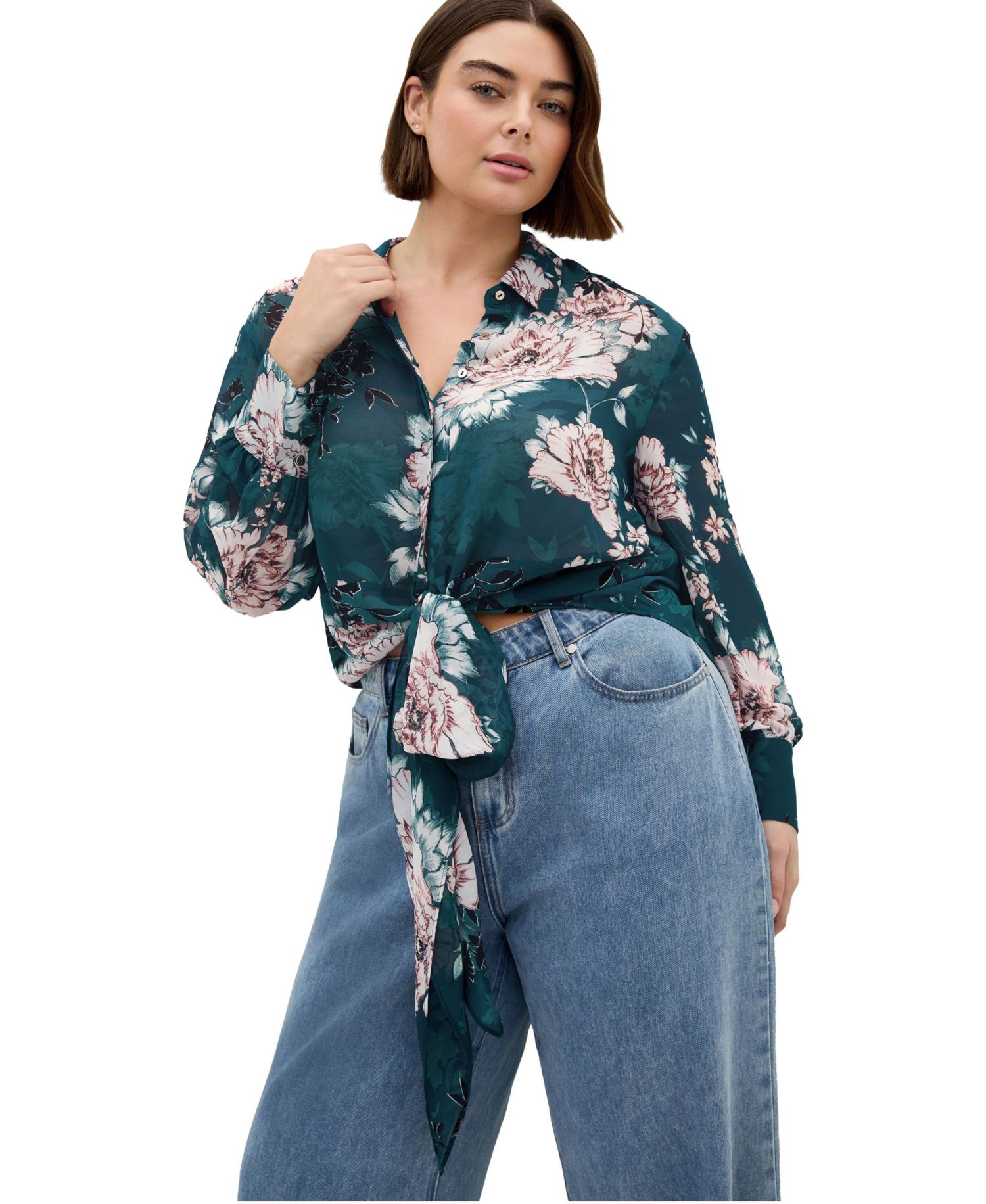 Plus Size Janine Collared Long-Sleeve Tie-Front Blouse