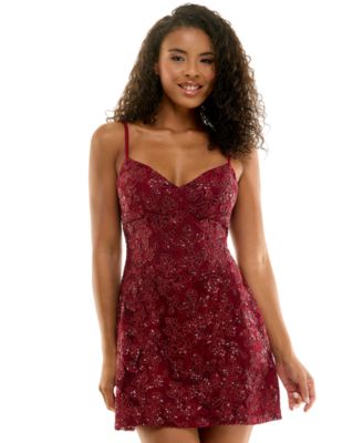 Juniors' Floral-Print Sequin A-Line Lace Dress