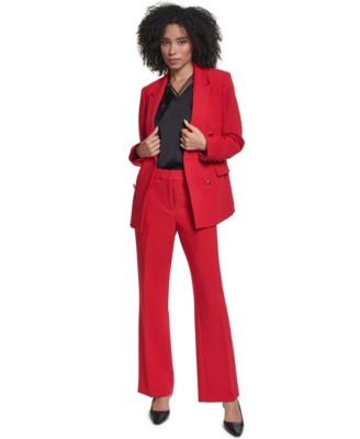 Women's Double-Breasted Shoulder-Padded Blazer, Sleeveless V-Neck Blouse Top and Flare Trousers
