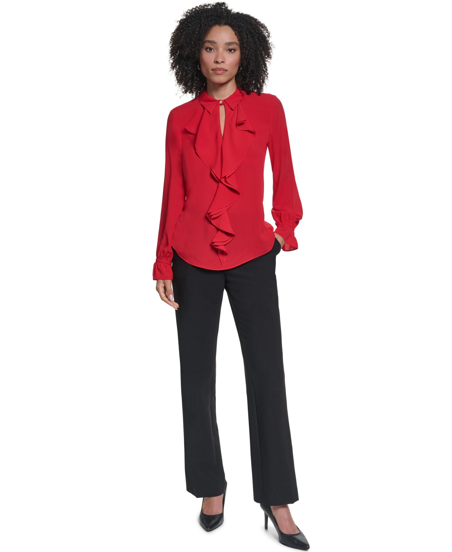 Women's Long-Sleeve Collared Ruffled Blouse