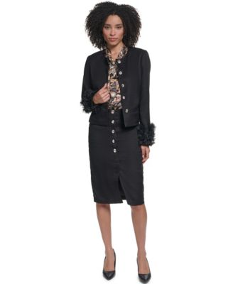Women's Cropped Woven Jacket, KARL LAGERFELD PARIS Women's Sleeveless Tie-Neck Blouse, KARL LAGERFELD PARIS Women's High-Waisted Pencil Front-Slit Skirt